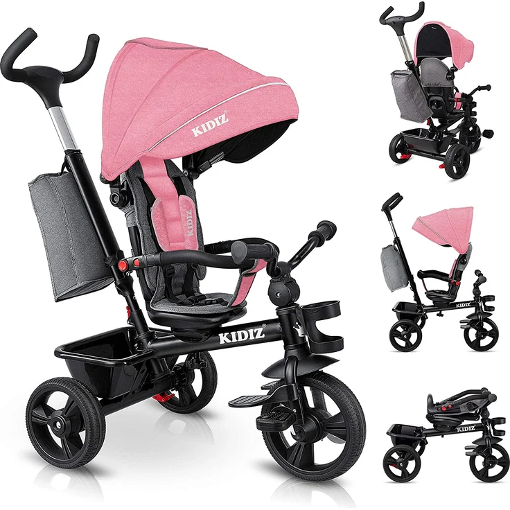 KIDIZ® Dreirad 5in1 Kinderdreirad mit Schubstange Lenksystem Stange ab 1 Jahr vorwärts und Rückwärtsfahrt Jogger , Korb Tasche Getränkehalter Sonnendach Gummiräder, Buggy Fahrrad Baby Klappbar Rosa – Bild 1