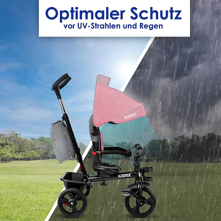 KIDIZ® Dreirad 5in1 Kinderdreirad mit Schubstange Lenksystem Stange ab 1 Jahr vorwärts und Rückwärtsfahrt Jogger , Korb Tasche Getränkehalter Sonnendach Gummiräder, Buggy Fahrrad Baby Klappbar Rosa – Bild 5