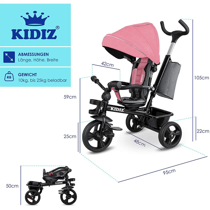 KIDIZ® Dreirad 5in1 Kinderdreirad mit Schubstange Lenksystem Stange ab 1 Jahr vorwärts und Rückwärtsfahrt Jogger , Korb Tasche Getränkehalter Sonnendach Gummiräder, Buggy Fahrrad Baby Klappbar Rosa – Bild 8