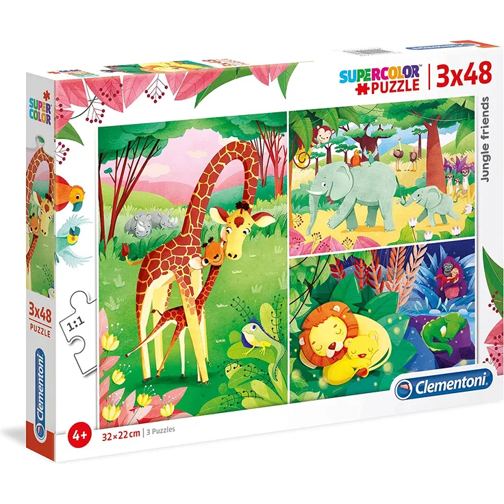 Clementoni 25233 Clementoni-25233-Supercolor Puzzle-Dschungel Freunde-3 x 48 Teile, Mehrfarben