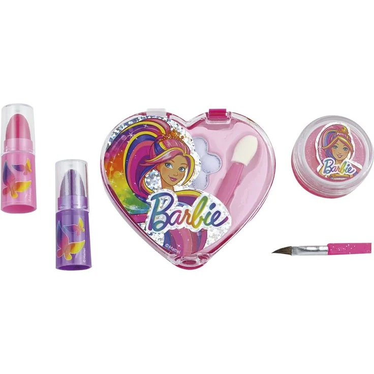 Happy People 52007 Barbie Schminkset Herz Look, für Mädchen, zum Aufklappen, Make-Up Zubehör – Bild 1