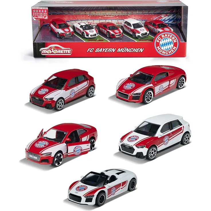 Majorette FC Bayern München 5er-Geschenkbox, Spielzeugautos mit Freilauf und Federung, 5 Stück inkl. 2 exklusive Modelle, Audi A1, Audi S5, Audi R8 Coupé, zwei exklusive Modelle: Lewandowski & Neuer