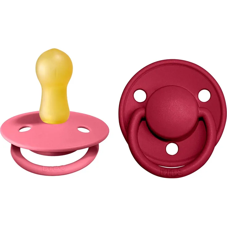 BIBS De Lux Schnuller 2er-Pack, BPA-frei, Kirschform Nippel. Naturkautschuk / Latex, Hergestellt in Dänemark. 6-18 Monate (2er Pack), Coral / Ruby