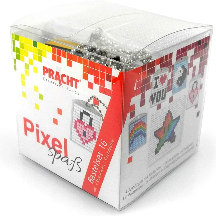 Pracht Creatives Hobby P90033-63501 - Pixel Spaß Bastelset 16, für 4 Medaillons, Schlüsselanhänger, für Kinder, Jungen und Mädchen, ideal als kleines Geschenk, Mitgebsel, für den Kindergeburtstag