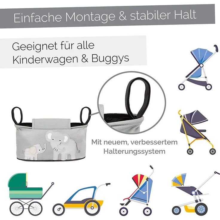 GLÜCKSWOLKE Kinderwagen Organizer - 12 Motive I Kinderwagentasche verschließbar I Kinder Buggy Tasche mit Feuchttuchspender I Aufbewahrungstasche - Pushchair Pram Baby Organiser (Emil Elefant I Grau) – Bild 4