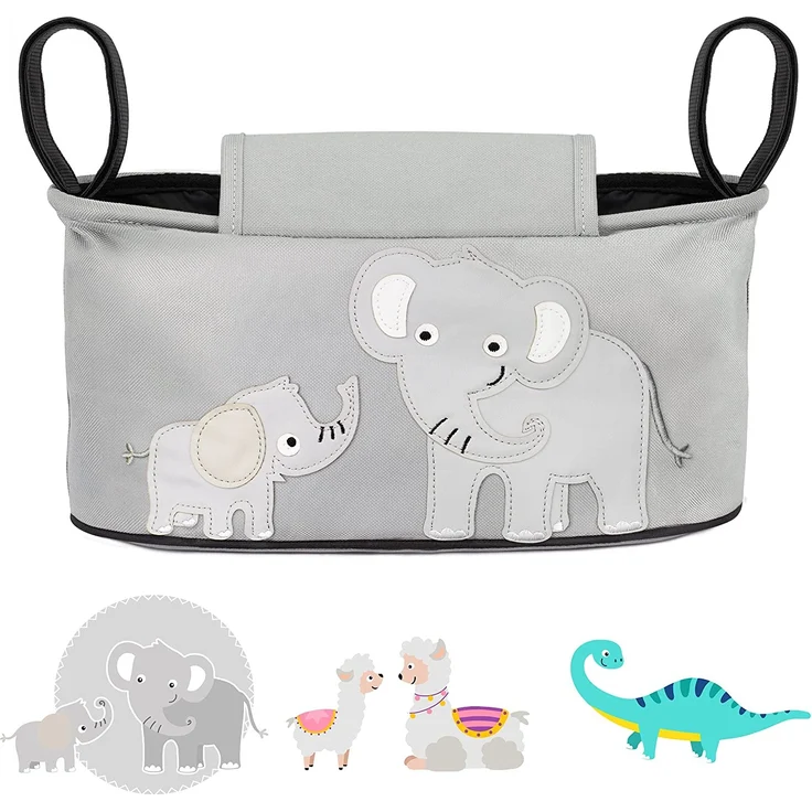 GLÜCKSWOLKE Kinderwagen Organizer - 12 Motive I Kinderwagentasche verschließbar I Kinder Buggy Tasche mit Feuchttuchspender I Aufbewahrungstasche - Pushchair Pram Baby Organiser (Emil Elefant I Grau) – Bild 1