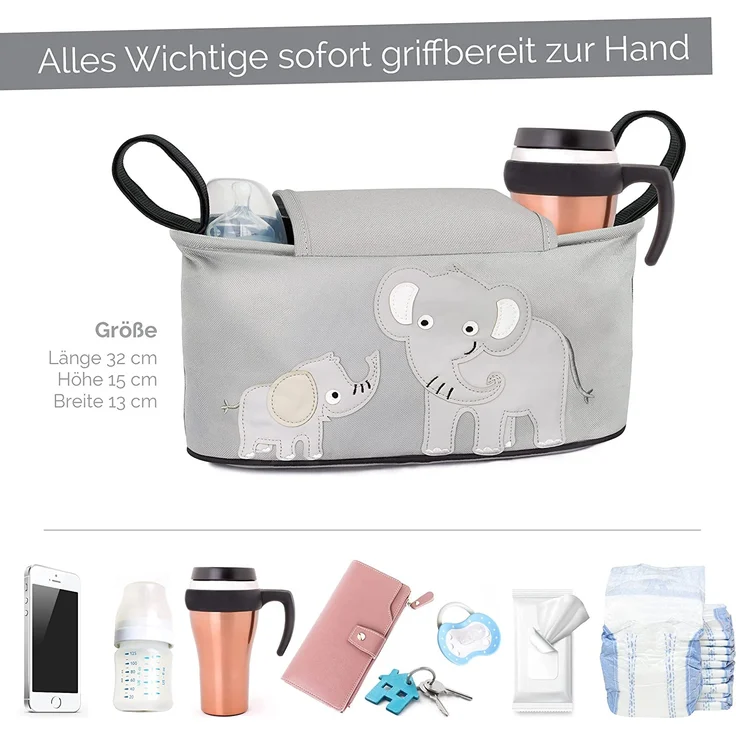 GLÜCKSWOLKE Kinderwagen Organizer - 12 Motive I Kinderwagentasche verschließbar I Kinder Buggy Tasche mit Feuchttuchspender I Aufbewahrungstasche - Pushchair Pram Baby Organiser (Emil Elefant I Grau) – Bild 3