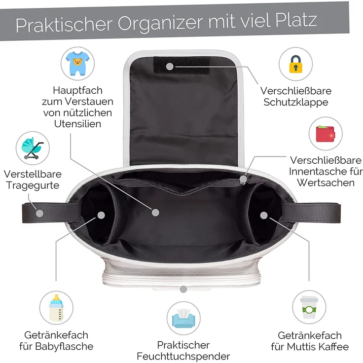 GLÜCKSWOLKE Kinderwagen Organizer - 12 Motive I Kinderwagentasche verschließbar I Kinder Buggy Tasche mit Feuchttuchspender I Aufbewahrungstasche - Pushchair Pram Baby Organiser (Emil Elefant I Grau) – Bild 2