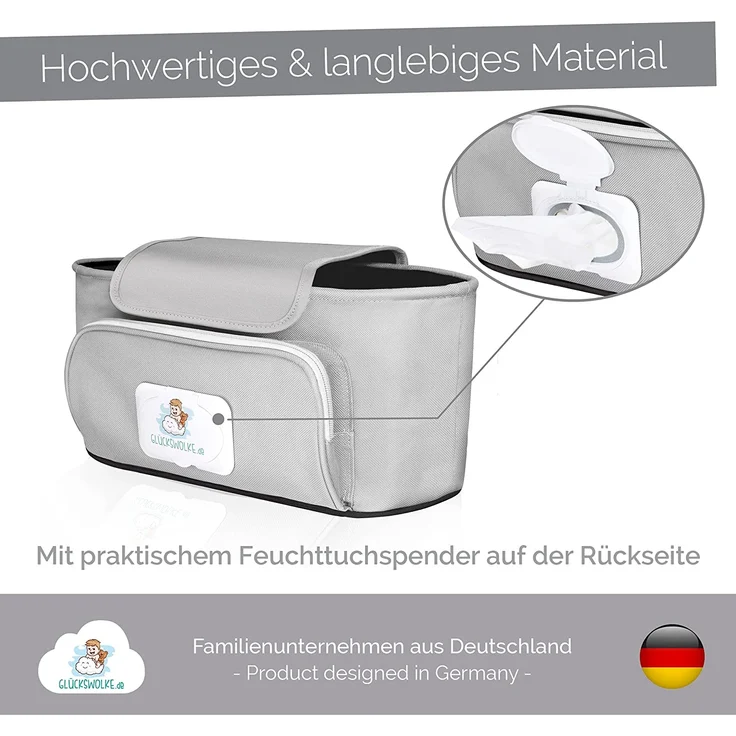 GLÜCKSWOLKE Kinderwagen Organizer - 12 Motive I Kinderwagentasche verschließbar I Kinder Buggy Tasche mit Feuchttuchspender I Aufbewahrungstasche - Pushchair Pram Baby Organiser (Emil Elefant I Grau) – Bild 6