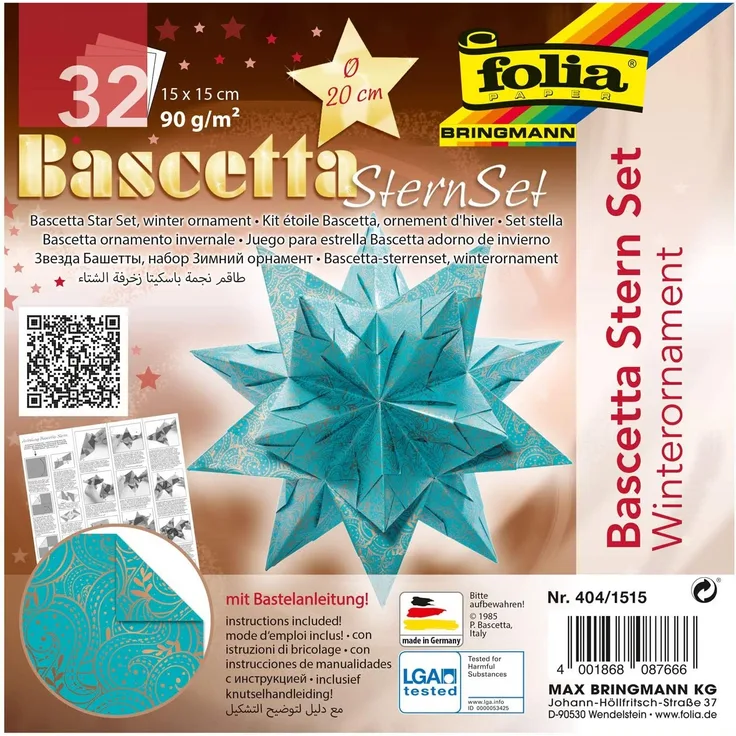 folia 404/1515 - Bastelset Bascetta Stern Winterornament türkis/kupfer, 32 Blatt, 15 x 15 cm, fertige Größe des Papiersterns ca. 20 cm, mit ausführlicher Anleitung - ideal zur zeitlosen Dekoration