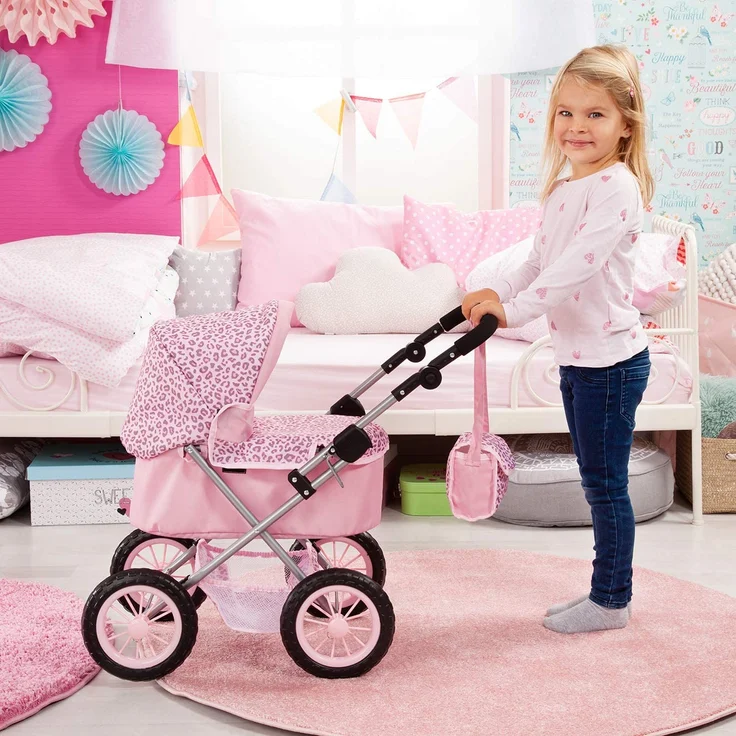 Bayer Design 13002AA Puppenwagen Trendy, höhenverstellbar, zusammenklappbar, mit Umhängetasche und Einkaufskorb, pink, Leopard – Bild 6