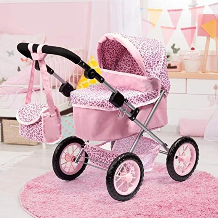 Bayer Design 13002AA Puppenwagen Trendy, höhenverstellbar, zusammenklappbar, mit Umhängetasche und Einkaufskorb, pink, Leopard – Bild 7