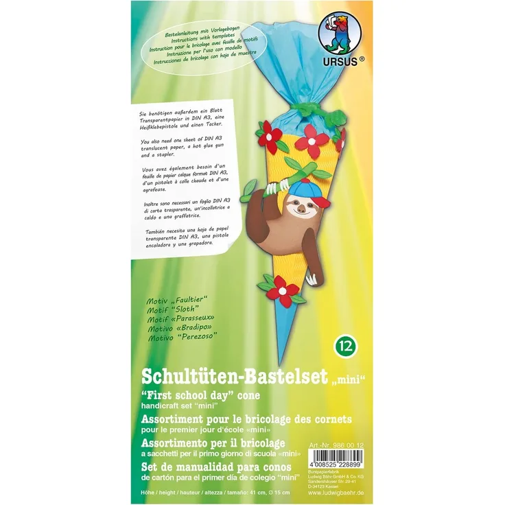 Ursus 9860012 Schultüten Bastelset Mini, Faultier, 6-Eckig, Ca. 41 cm