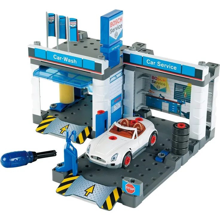 Theo Klein 8647 Bosch Car Service Station | Mit Waschanlage und höhenverstellbarer Hebebühne | Inklusive demontierbarem Auto | Spielzeug für Kinder ab 3 Jahren