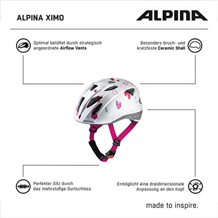 Alpina Kids Ximo White Hearts, Größe 45 - 49 cm - Fahrradhelm, Farbe Weiß – Bild 6