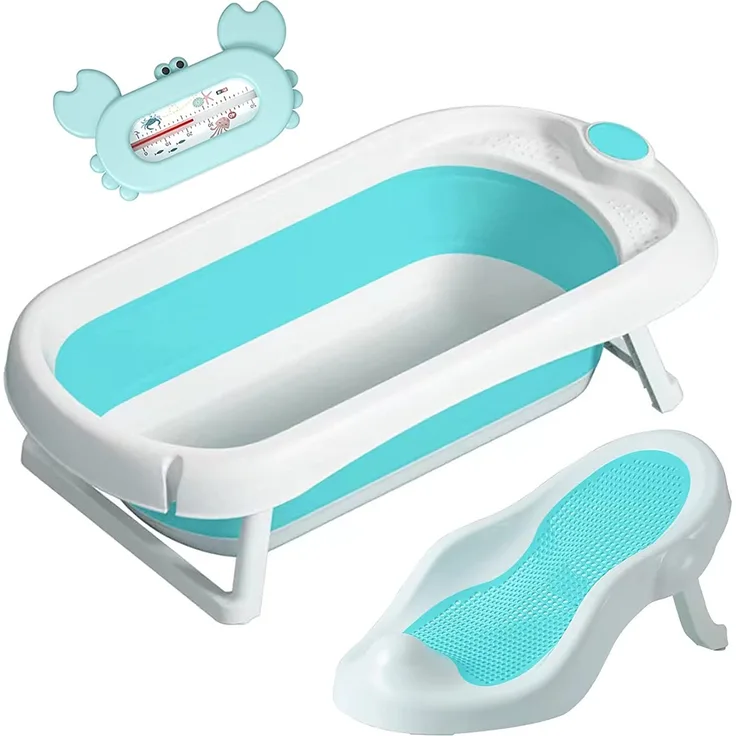 Faltbare Babybadewanne mit Badesitz / Badewanne XXL mit Thermometer zur Kontrolle der Wassertemperatur / 3-Stufen-Badewanne - Ab Geburt bis 3 Jahre