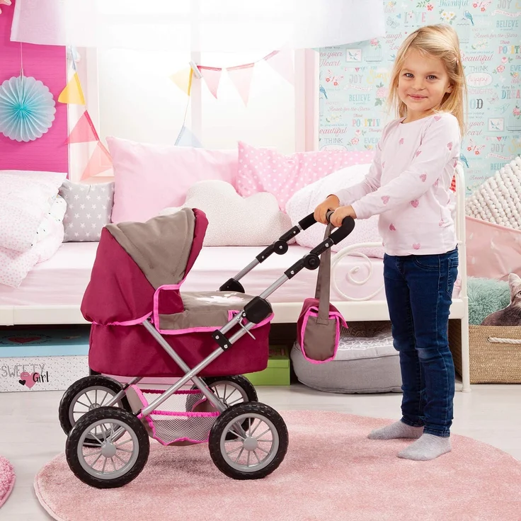 Bayer Design 1307800 Puppenwagen Trendy, höhenverstellbar, zusammenklappbar, Motiv: Prinzessin, grau/pink – Bild 5