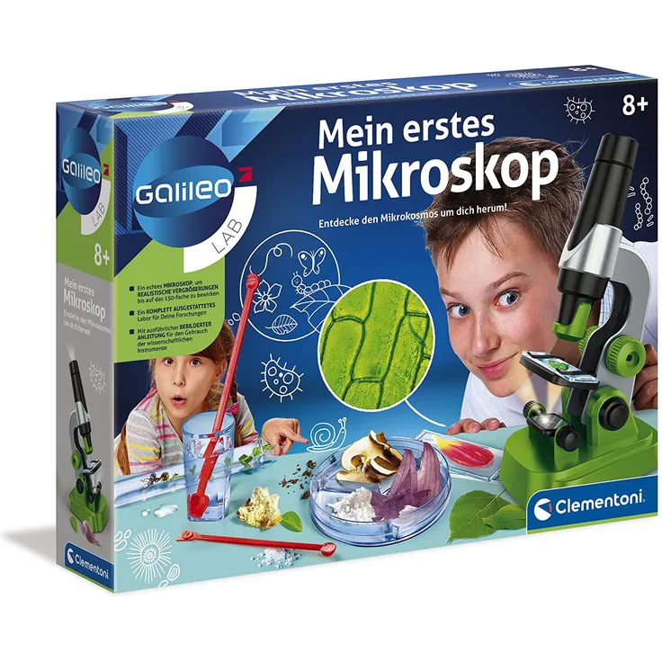 Clementoni 59120 Galileo Science – Mein erstes Mikroskop, Spielzeug für Kinder ab 8 Jahren, spannendes Biologie-Labor für kleine Forscher, Mikrobiologie für Schulkinder