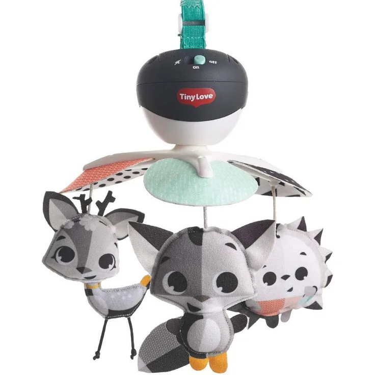 Tiny Love Baby-Mobile, Take Along Musik-Mobile für unterwegs und zuhause, Baby-Spieluhr ab der Geburt (0M+) lässt sich einfach an Babyschale und Kinderwagen befestigen, Magical Tales black & white