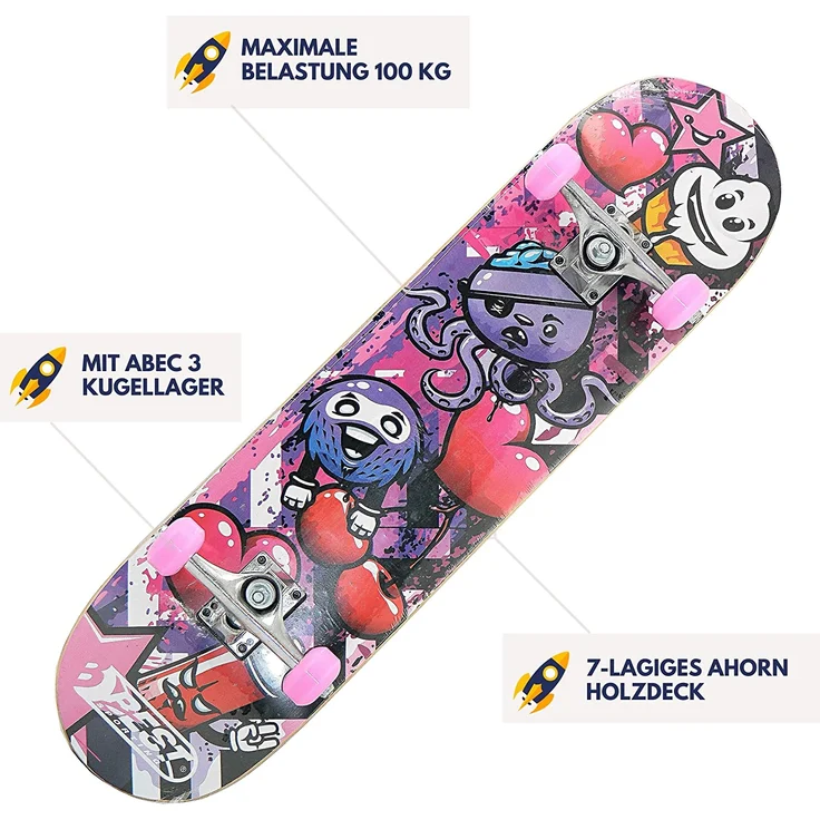 Best Sporting Skateboard Graphic, ABEC 3, max. Belastung 100 kg pink/schwarz – Bild 3