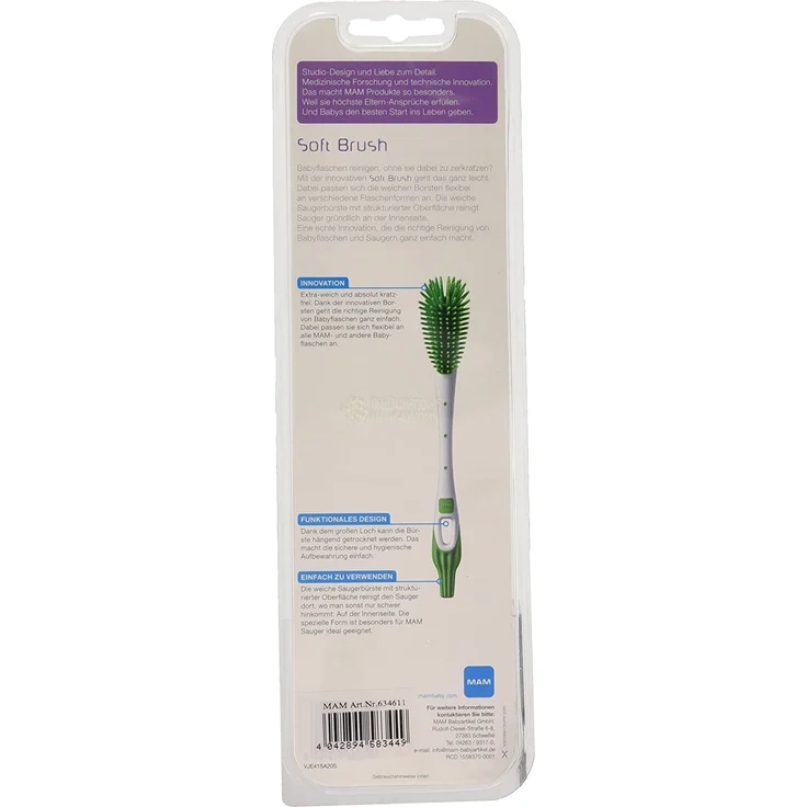 MAM Soft Brush Flaschenbürste mit extra-weichen Borsten, Bürste passend für jede Flaschenform, mit spezieller Saugerbürste für die Reinigung von Saugern, 0+ Monate, blau – Bild 2