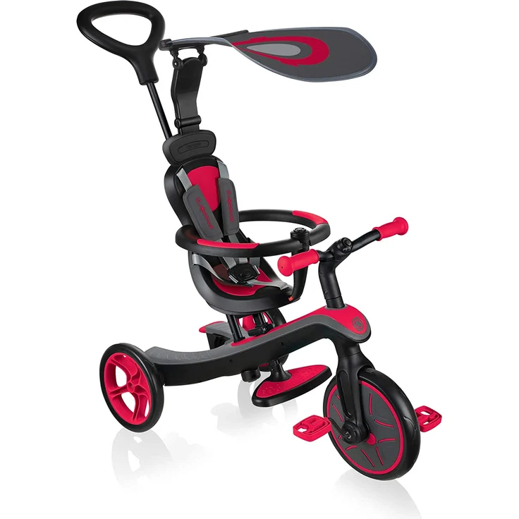 GLOBBER Dreirad Explorer 4 in 1 rot Laufrad, 5 Punkt-Gurt 2 verschiedene Sitze – Bild 1