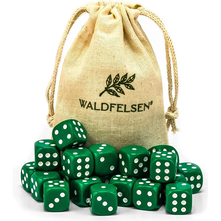 6,12, 20, 30 oder 50 hochqualitative Würfel von Waldfelsen® Standardgröße 16 mm Acrylwürfel Knobel Spielwürfel Dice 6-seitig sechsseitig Spielzubehör Set mit Stoffbeutel (Grün, 20 Stück)