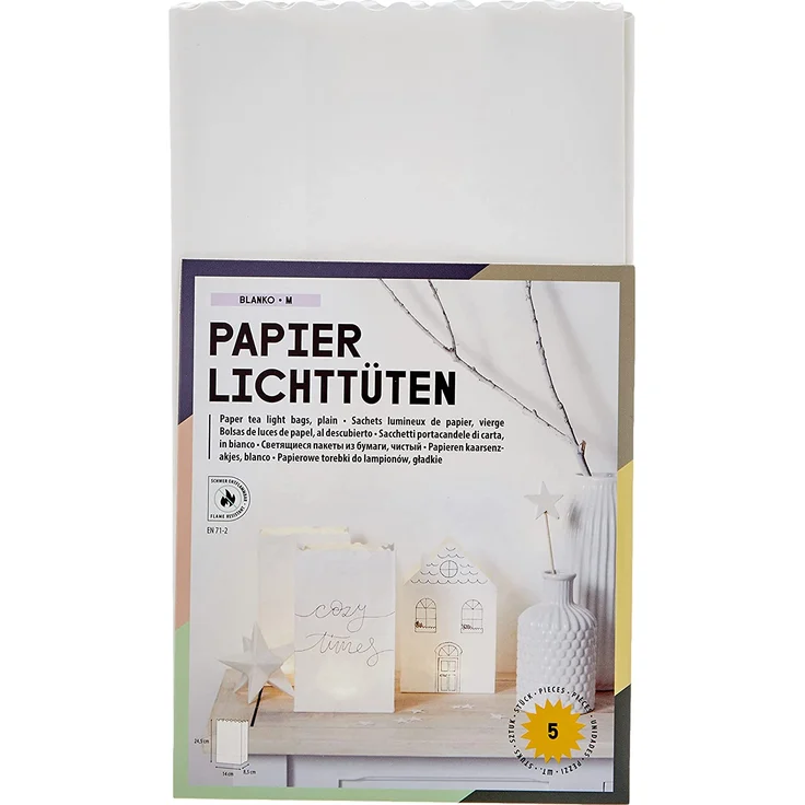 folia 12400 - Lichtertüten aus entflammbarem Papier, blanko, 5 Stück je ca. 24,5 x14 x8,5 cm groß, zum selbstgestalten,Tischdekoration, für Gartenpartys, Geburtstage, Hochzeiten – Bild 1