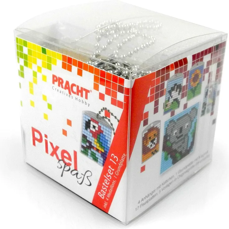 Pixel P90031-63501 Spaß Bastelset 13, zur Gestaltung von 4 Schlüsselanhängern (Medaillons) für Kinder, kinderleichtes Stecksystem, ohne Bügeln und Kleben, Steinchen aus Biokunststoff