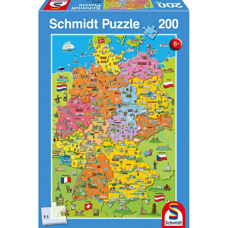 Schmidt Spiele Puzzle 56312 Deutschlandkarte mit Bildern, 200 Teile Kinderpuzzle, bunt – Bild 1