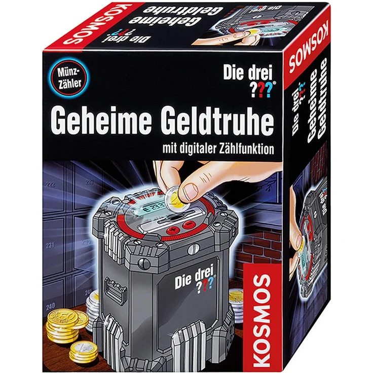 KOSMOS 630959 - Die drei ??? Geheime Geldtruhe, Mit digitaler Zählfunktion, Für Münzgeld, Spardose, Sparbüchse, Geschenk für Kinder, Jugendliche und Fans ab 8 Jahren, Detektiv-Ausstattung – Bild 1
