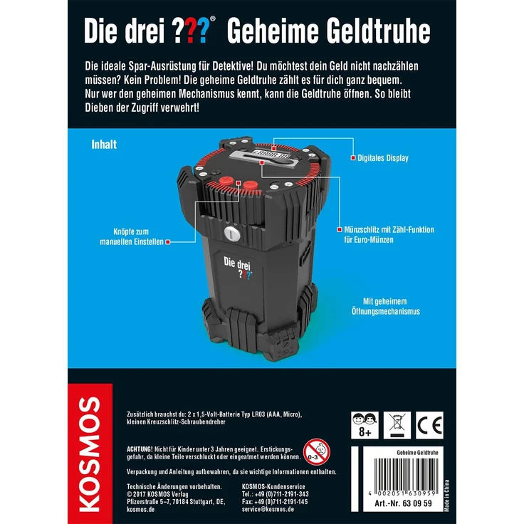 KOSMOS 630959 - Die drei ??? Geheime Geldtruhe, Mit digitaler Zählfunktion, Für Münzgeld, Spardose, Sparbüchse, Geschenk für Kinder, Jugendliche und Fans ab 8 Jahren, Detektiv-Ausstattung – Bild 2