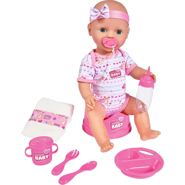 Simba 105039005 - New Born Baby Puppe, für Kinder ab 3 Jahren, Spielpuppe mit Funktionen (kann trinken und Pipi machen), Set (8 Teile) mit Babypuppe & Zubehör – Bild 1