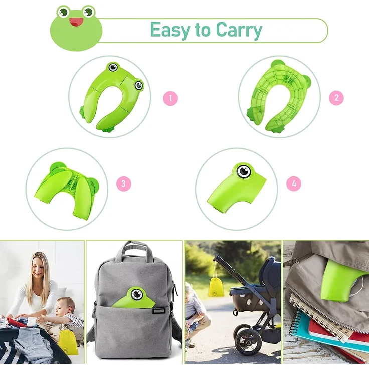 Pejoye Faltbarer Toilettensitz Kinder, Tragbar Kinder Toilettentrainer Sitz, WC Sitz Kleinkind Reise Töpfchentrainer mit Aufbewahrungstüte, Grüner Frosch – Bild 3