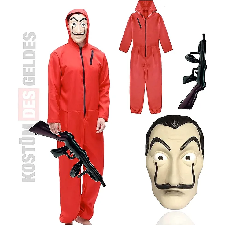 TK Gruppe Timo Klingler 3 in 1 Unisex Kostüm Set - Haus des Geldes für Erwachsene Unisex mit Dali Salvador Maske, Gewehr, Anzug für Fasching & Halloween (160-190cm)