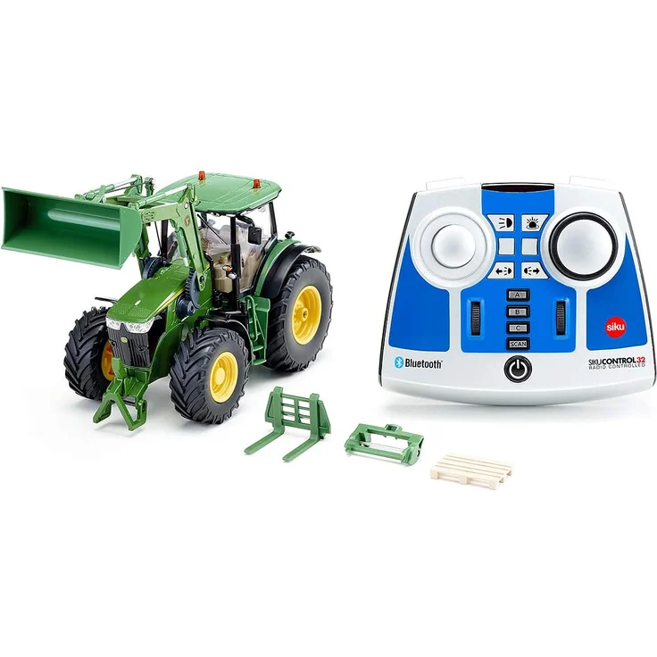 siku 6795, John Deere 7310R Traktor mit Frontlader, Grün, Metall/Kunststoff, 1:32, Ferngesteuert, Inkl. Bluetooth-Fernsteuerung und Zubehör, Steuerung via App möglich – Bild 1
