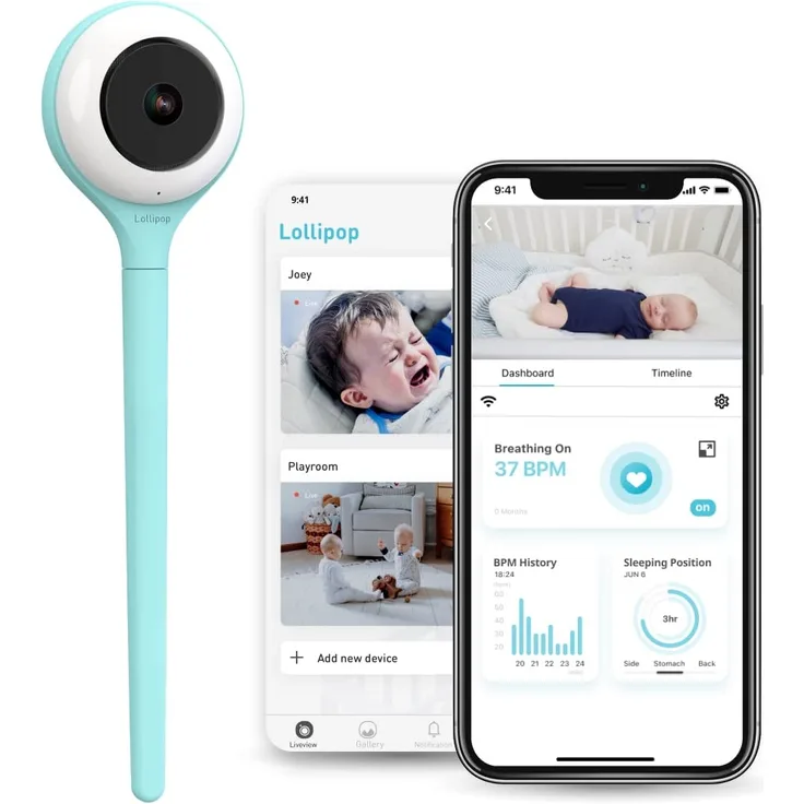 Lollipop Babykamera (Türkis) - mit kontaktloser Atemüberwachung (kein zusätzlicher Sensor erforderlich, ABO-Service), Schlaftracking und echter Schreierkennung, smarte KI-WiFi-Babykamera