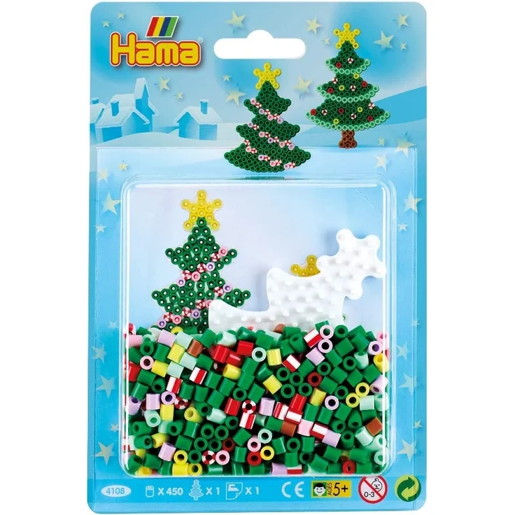 Hama Perlen 4108 Kleines Set Weihnachtsbaum mit ca. 450 bunten Midi Bügelperlen mit Durchmesser 5 mm, Stiftplatte und Motivvorlage, inkl. Bügelpapier, kreativer Bastelspaß für Groß und Klein – Bild 1
