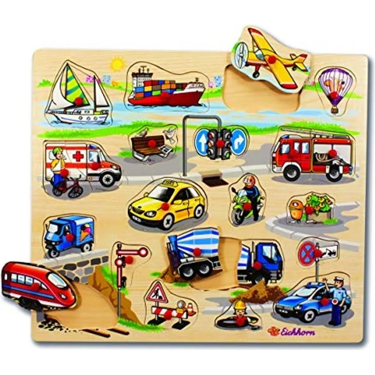 Eichhorn 100005454 - Steckpuzzle 40x35cm mit 21-23 Steckteilen, Motive: Safari, Bauernhof, Verkehr, keine Motivauswahl möglich, Lieferumfang 1 Stk., FSC 100% Zertifiziertes Lindensperrholz – Bild 4
