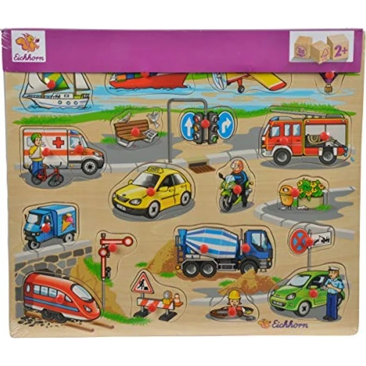 Eichhorn 100005454 - Steckpuzzle 40x35cm mit 21-23 Steckteilen, Motive: Safari, Bauernhof, Verkehr, keine Motivauswahl möglich, Lieferumfang 1 Stk., FSC 100% Zertifiziertes Lindensperrholz – Bild 6
