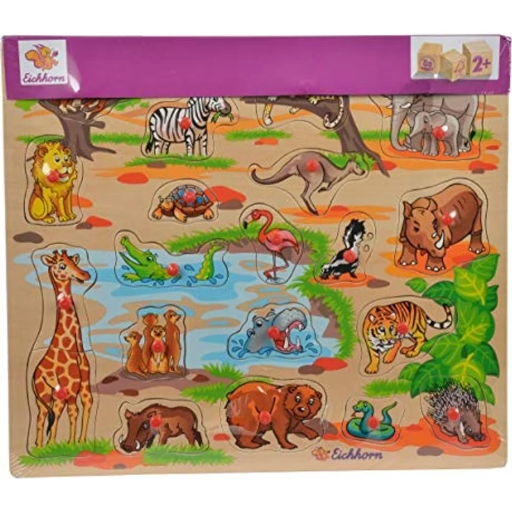 Eichhorn 100005454 - Steckpuzzle 40x35cm mit 21-23 Steckteilen, Motive: Safari, Bauernhof, Verkehr, keine Motivauswahl möglich, Lieferumfang 1 Stk., FSC 100% Zertifiziertes Lindensperrholz – Bild 1