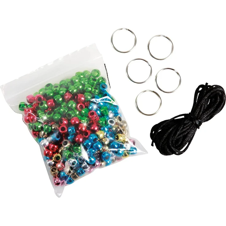 Lena 42688 Bastelset für 4 Maskottchen, Komplettset für 4 Glücksbringer/Schlüsselanhänger mit 290 metallic XXL Fädelperlen, schwarzem Kordelband, 4 Ringe und Anleitung, Set für Kinder ab 6 Jahre – Bild 2
