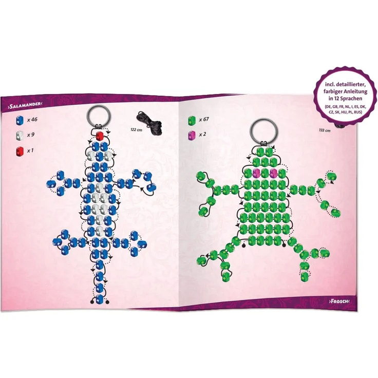 Lena 42688 Bastelset für 4 Maskottchen, Komplettset für 4 Glücksbringer/Schlüsselanhänger mit 290 metallic XXL Fädelperlen, schwarzem Kordelband, 4 Ringe und Anleitung, Set für Kinder ab 6 Jahre – Bild 4