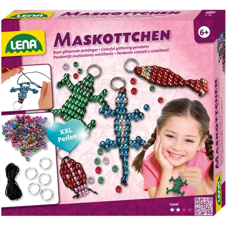 Lena 42688 Bastelset für 4 Maskottchen, Komplettset für 4 Glücksbringer/Schlüsselanhänger mit 290 metallic XXL Fädelperlen, schwarzem Kordelband, 4 Ringe und Anleitung, Set für Kinder ab 6 Jahre