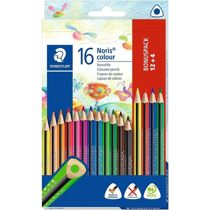 STAEDTLER 187 C12P1 Noris Colour Buntstift (erhöhte Bruchfestigkeit, Dreikantform, attraktives Design, ergonomische Soft-Oberfläche, Wopex Material, Set mit 16 brillanten Stiften im Kartonetui)
