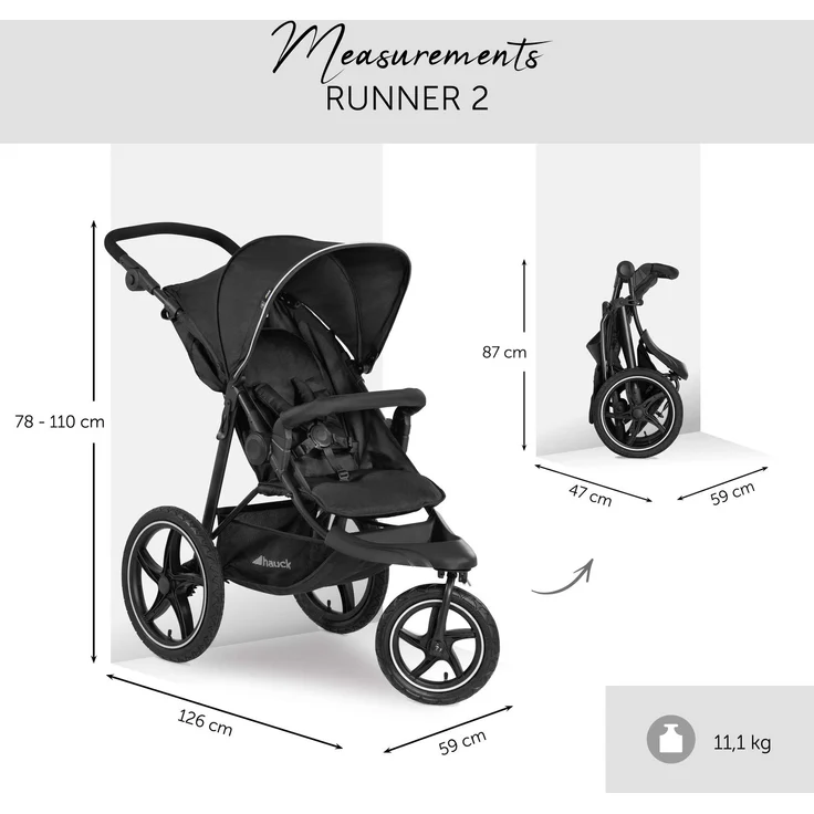 Hauck Kinder Buggy Runner 2, Große Luftreifen 3 Rad, Bis 25 kg, mit Liegefunktion und Netzfenster, UV-Schutz 50+, Höhenverstellbar, Zusammenklappbar, Großer Korb, Schwarz – Bild 6
