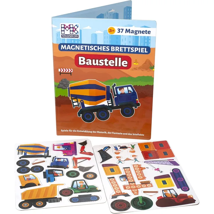 MAGNIKON Magnetspiel Die Baustelle, Baustellenfahrzeuge, Entdecken die Baustelle, magnetisches Brettspiel mit 37 Puzzlemagneten