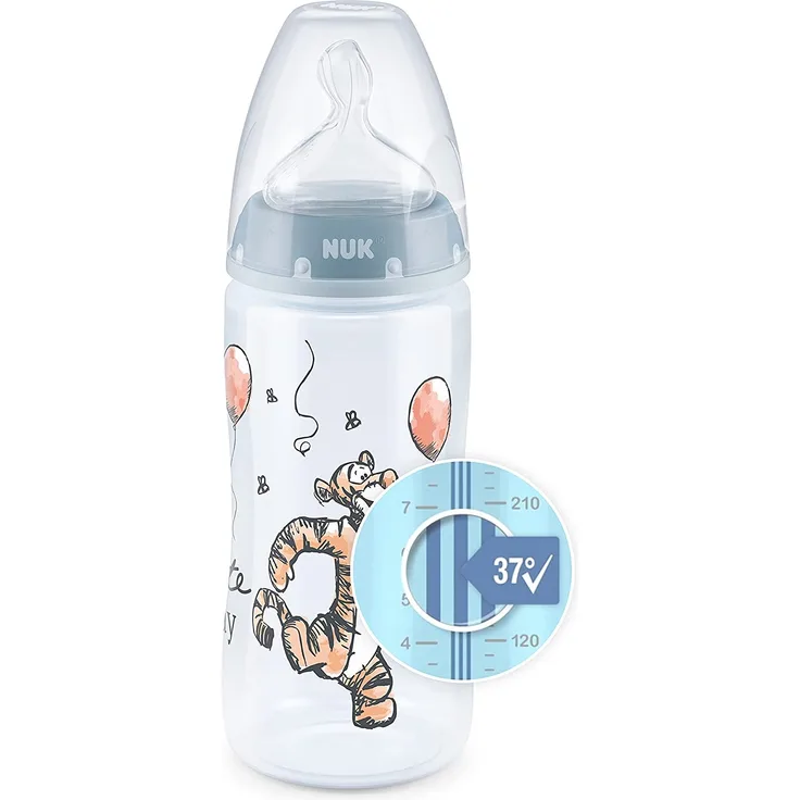 NUK First Choice+ Disney Babyflasche | 06 Monate | Temperature Control Anzeige | 300 ml Flasche mit Anti-KoliK-Ventil | BPA-frei | Trinksauger aus Silikon | Winnie Puuh (Blau)