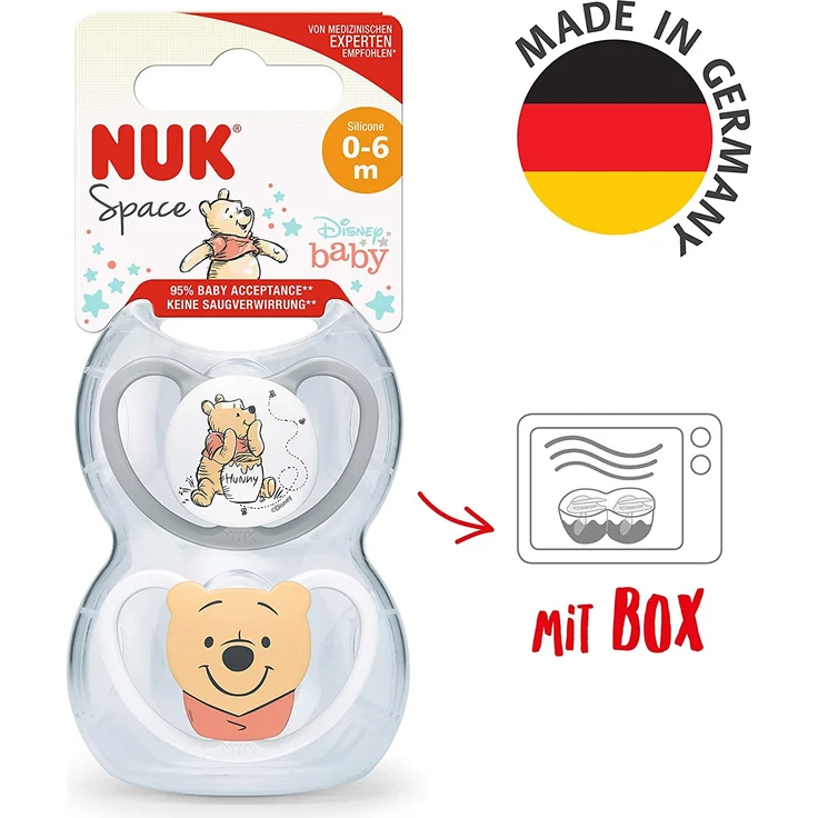 NUK Disney Winnie Puuh Space Silikon-Schnuller, kiefergerechte Form, 0-6 Monate, 2 Stück, Grau & Weiß – Bild 6