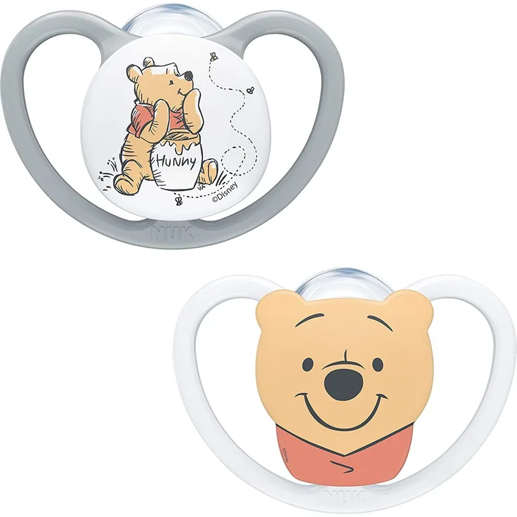 NUK Disney Winnie Puuh Space Silikon-Schnuller, kiefergerechte Form, 0-6 Monate, 2 Stück, Grau & Weiß